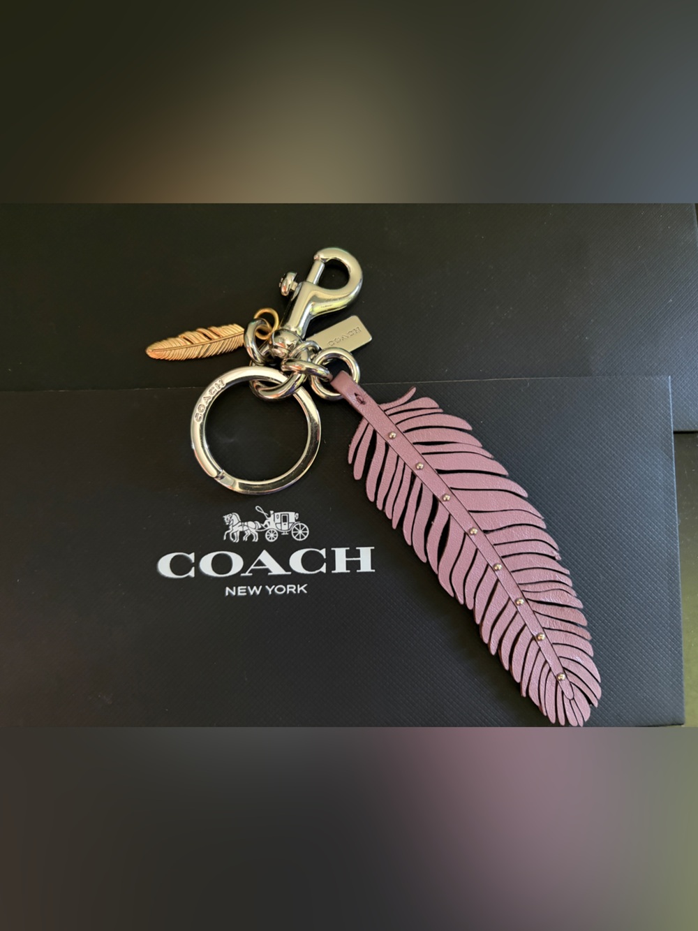 COACH Mixed Feathers Bag Charm Keychain Purple Leather/ Silver/ Tag/ Clip ~ Rare